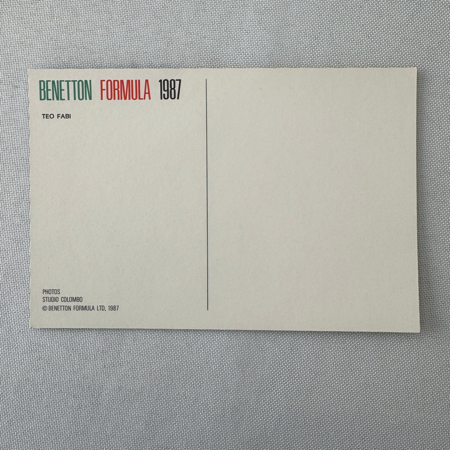 1987 Benetton Formula One Racing Postcard Post Card Teo Fabi Driver Vintage