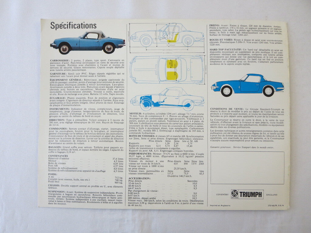 1960s Triumph Spitfire Mark 3 Sales Brochure Advertising Catalog - FRENCH TEXT