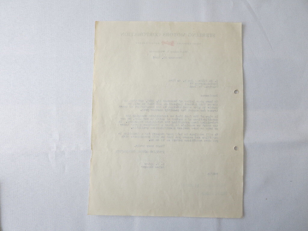 1945 Sterling Motor Truck Corporation Letter Letterhead Document