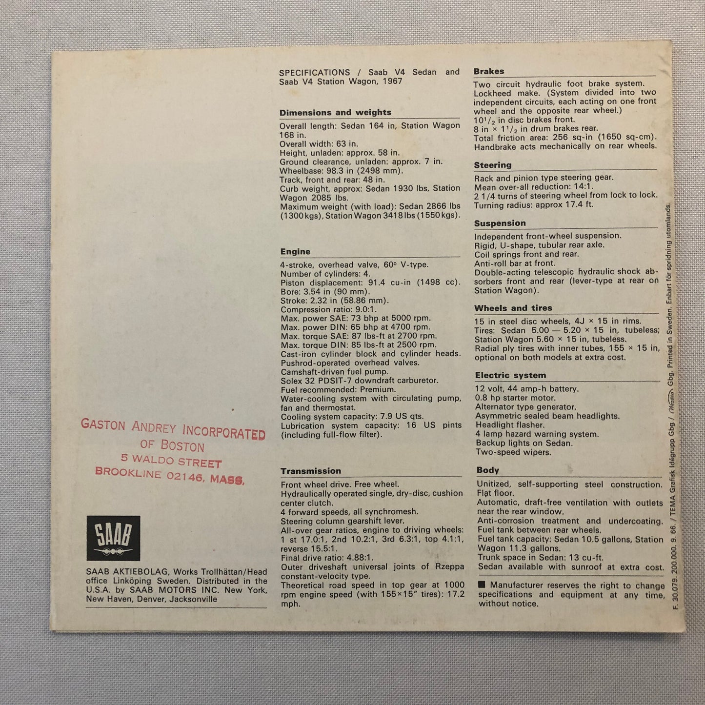 1967 Saab V4 Sedan and Station Wagon Car Sales Brochure Catalog Advertising