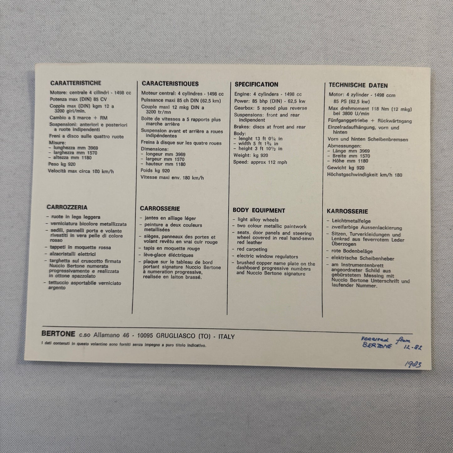 Bertone Fiat X1/9 Car Sales Sheet Brochure Advertising Fiat X19
