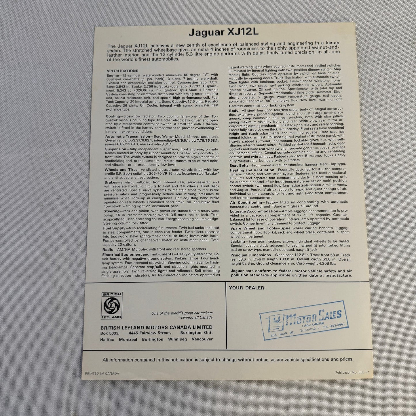 Jaguar XJ12L Sales Brochure Catalog Advertising Jaguar XJ British Leyland Canada