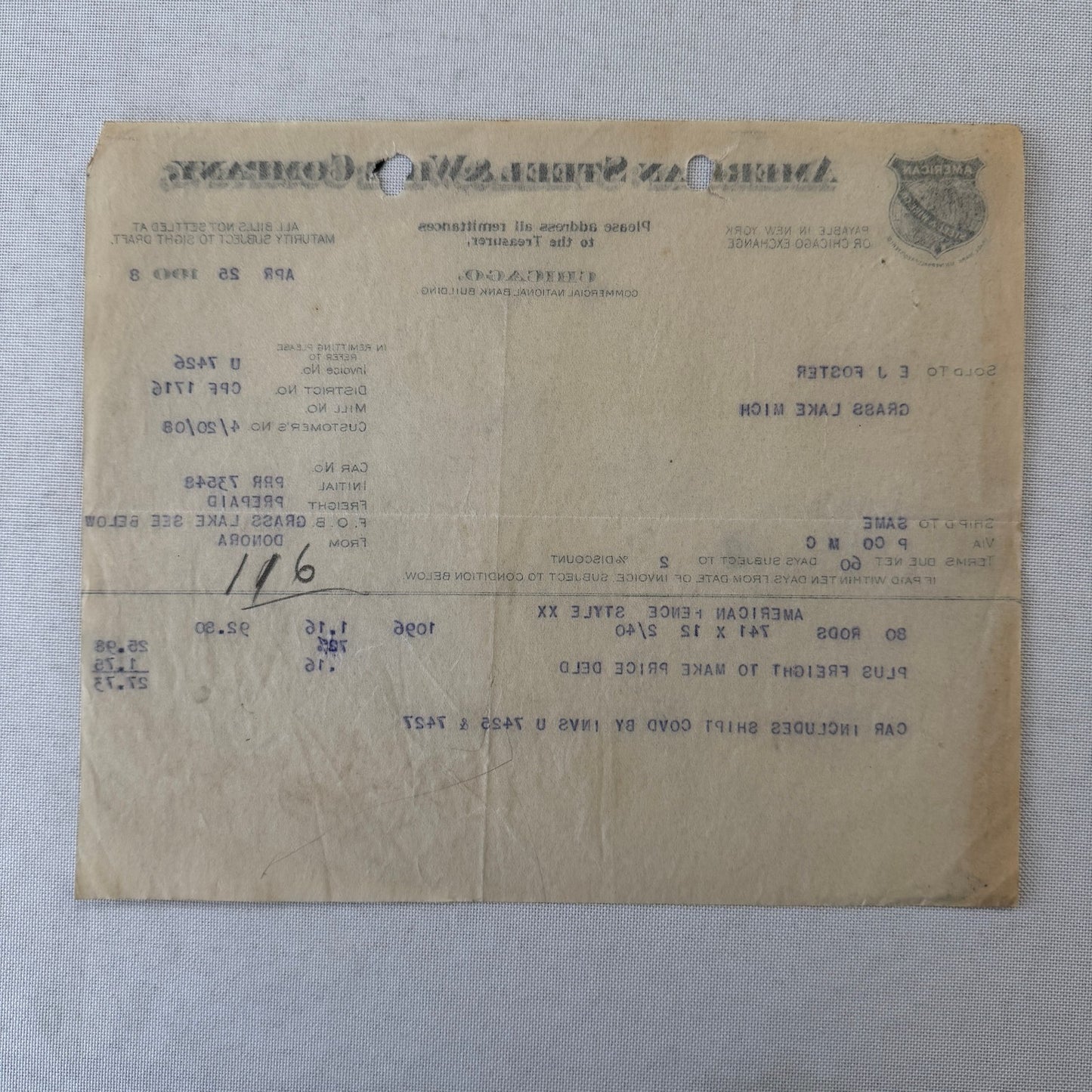 American Steel and Wire Company 1908 Receipt Invoice Document Vintage Chicago