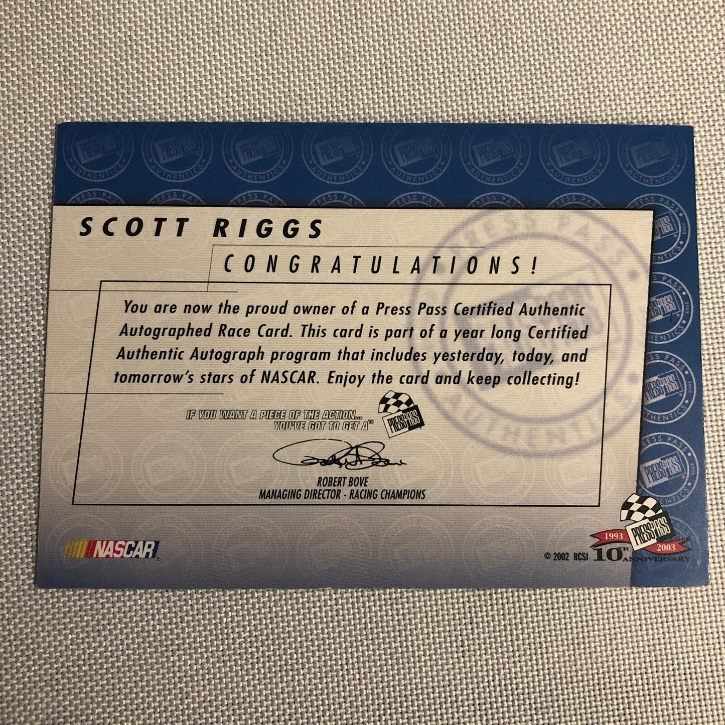 2003 Press Pass Autographs Scott Riggs Signed Autographed Auto Card NASCAR