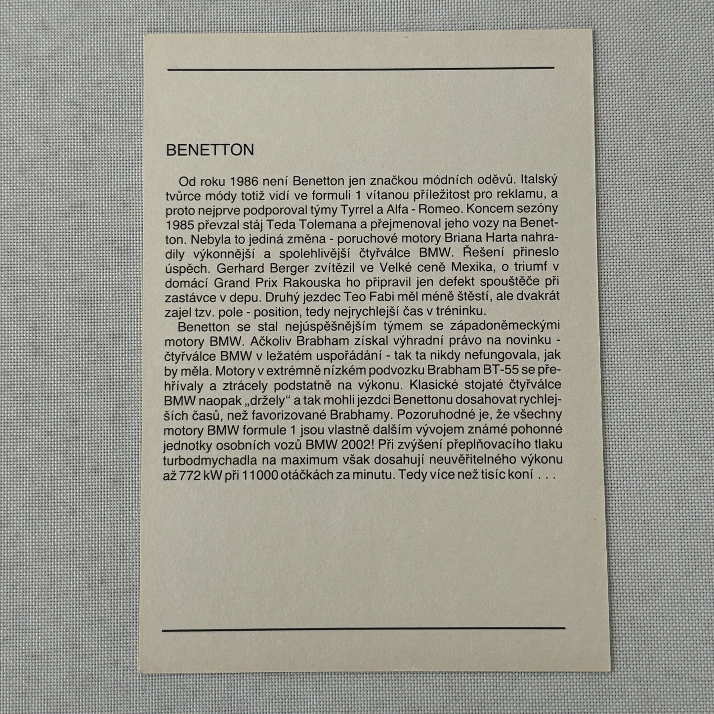 Benetton Formula One F1 Racing Card Postcard BMW POLISH Text