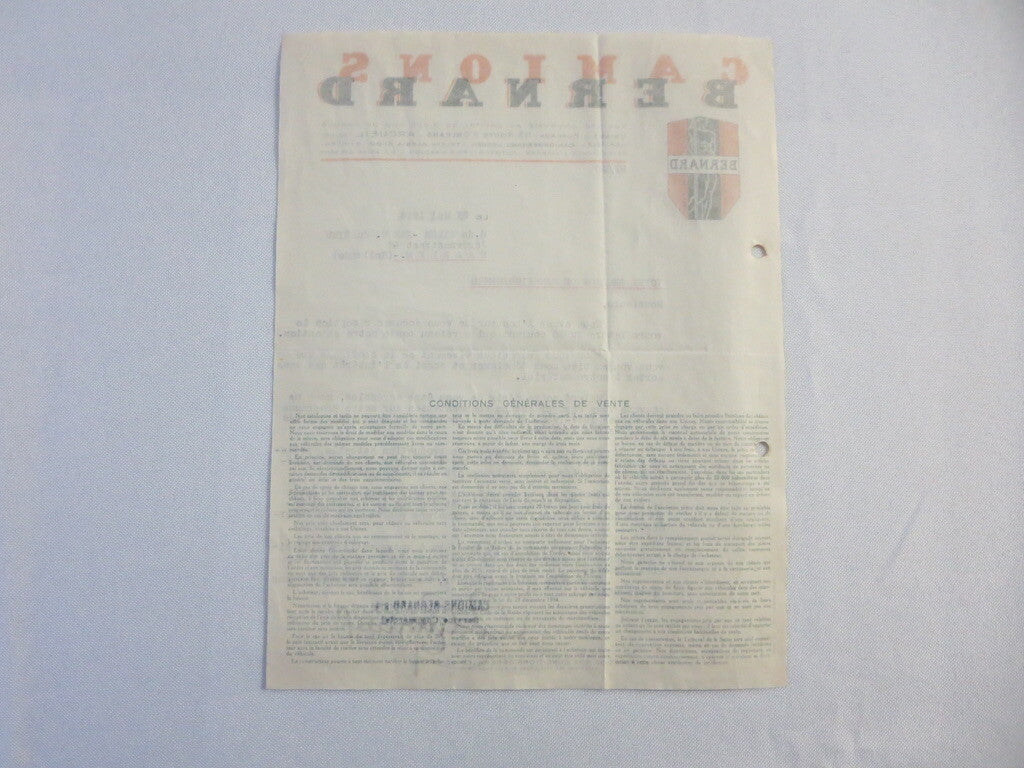 1946 Camions Bernard Truck Company Letter Letterhead Document