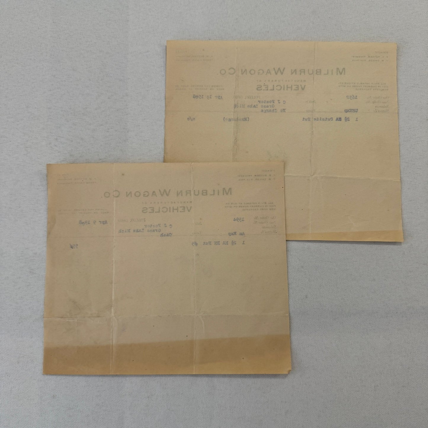 Milburn Wagon Company 1908 Toledo Ohio Invoice Receipt Document Lot 2x Antique