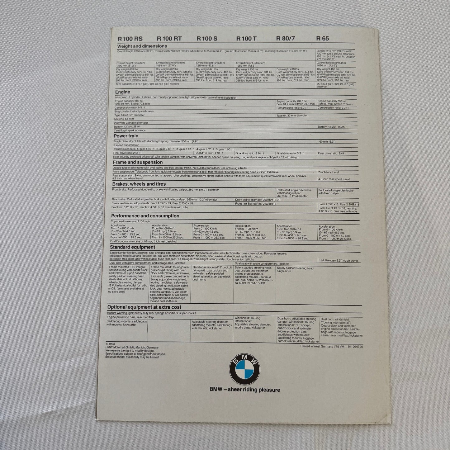 1979 BMW Motorcycle Bike Sales Brochure R100RS R100RT R100S R100T R80/7 R65