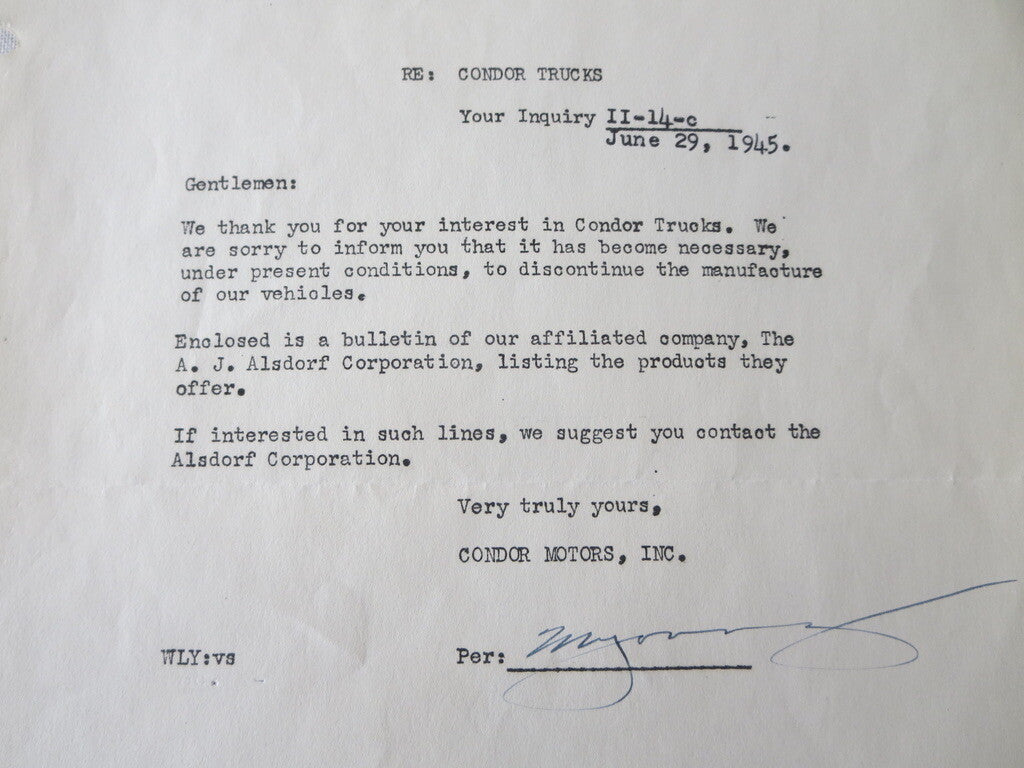 1945 Condor Motors Letter Dealership Truck Company Letterhead Document