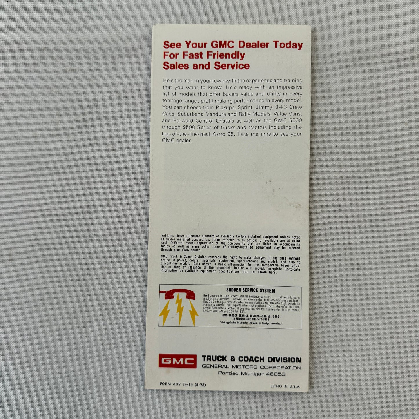 1974 GMC Truck Sales Brochure Jimmy Pickup Sprint School Bus Vandura Rally Van +