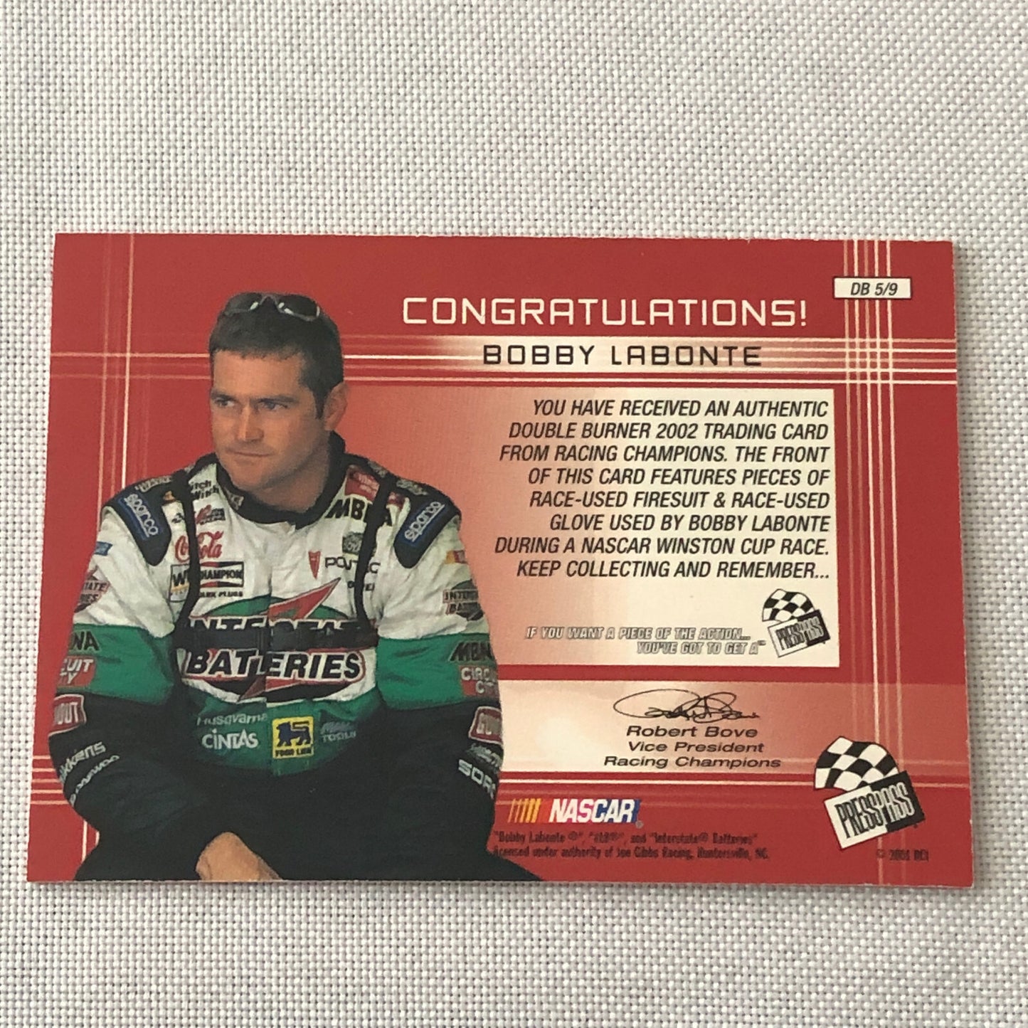 2002 Press Pass Double Burner Bobby Labonte Relic Card /100 Nascar Racing