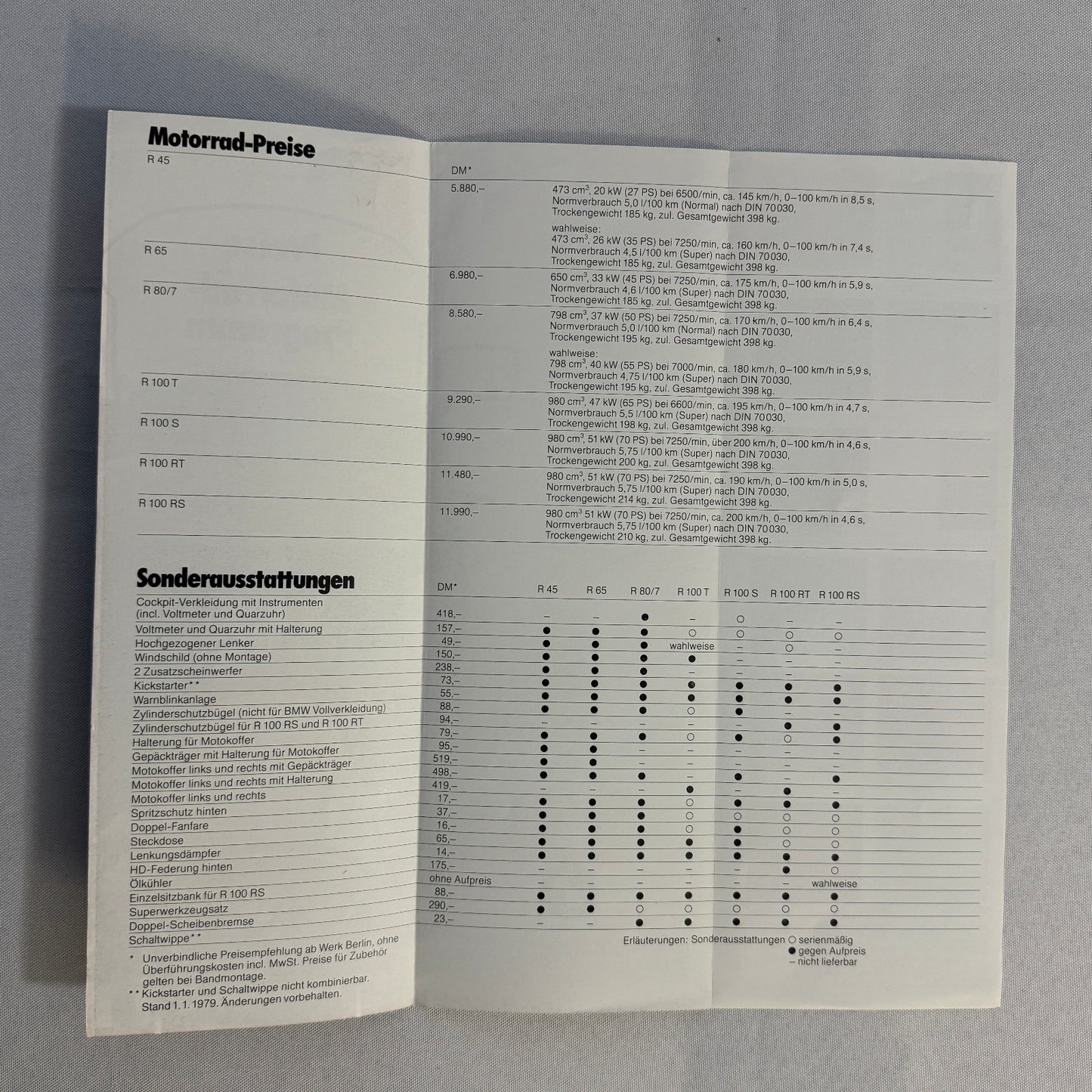 1979 BMW Motorcycle Price and Options Brochure Catalog R65 R100 R80 R45 GERMAN