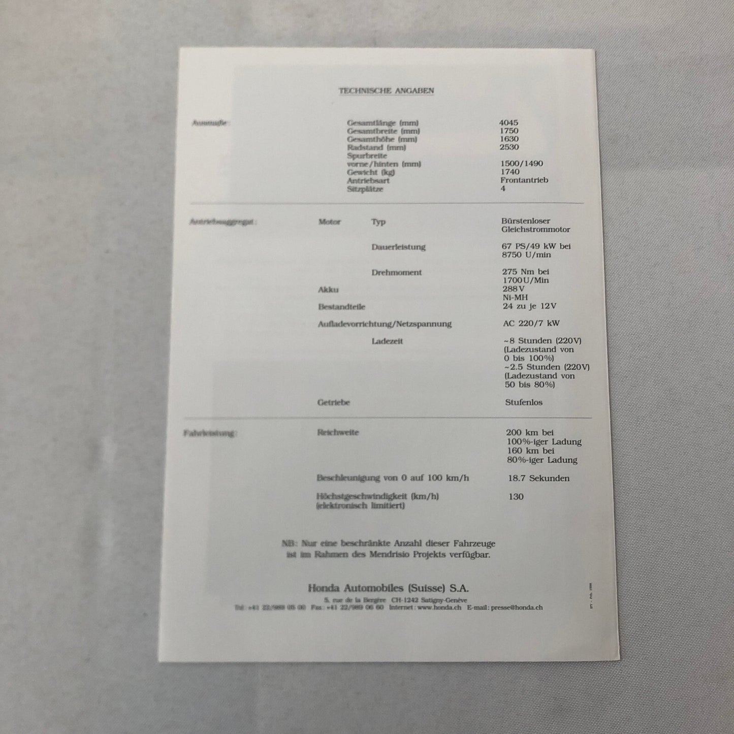 Honda EV Plus Electric Car Sales Brochure Catalog GERMAN Text Swiss Switzerland