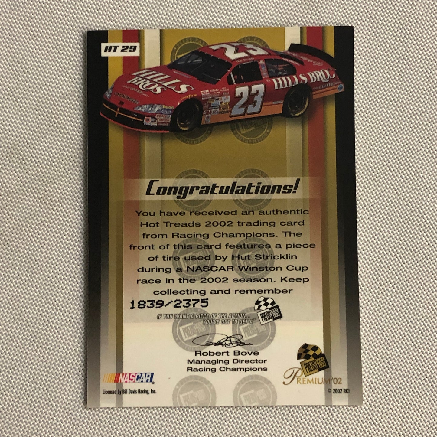 2002 Press Pass Hot Treads Tire Relic Card Hut Stricklin NASCAR