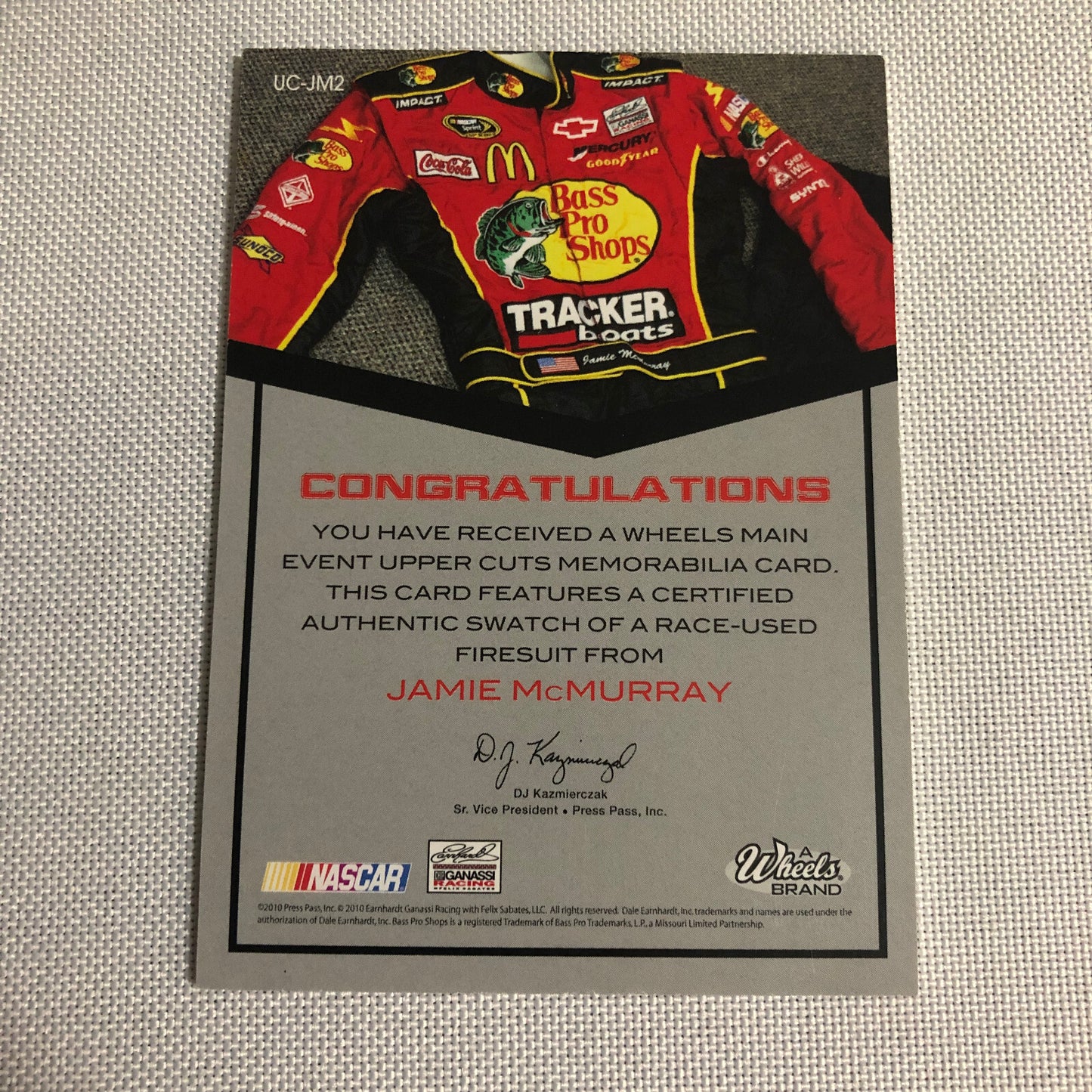 2010 Wheels Uppercuts Jamie McMurray Firesuit Relic Card /75 NASCAR