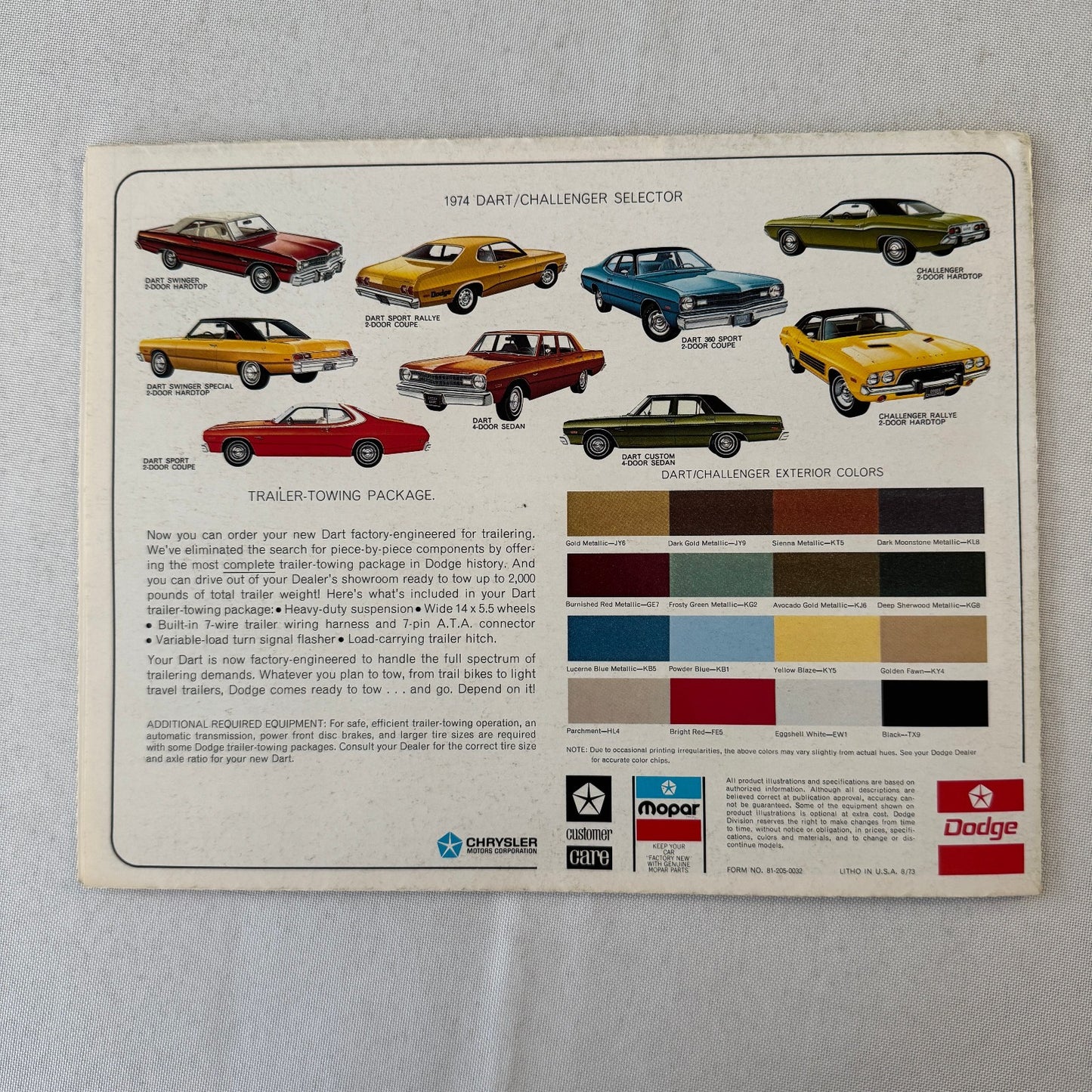 1974 Dodge Dart and Dodge Challenger Car Sales Brochure Catalog Advertising