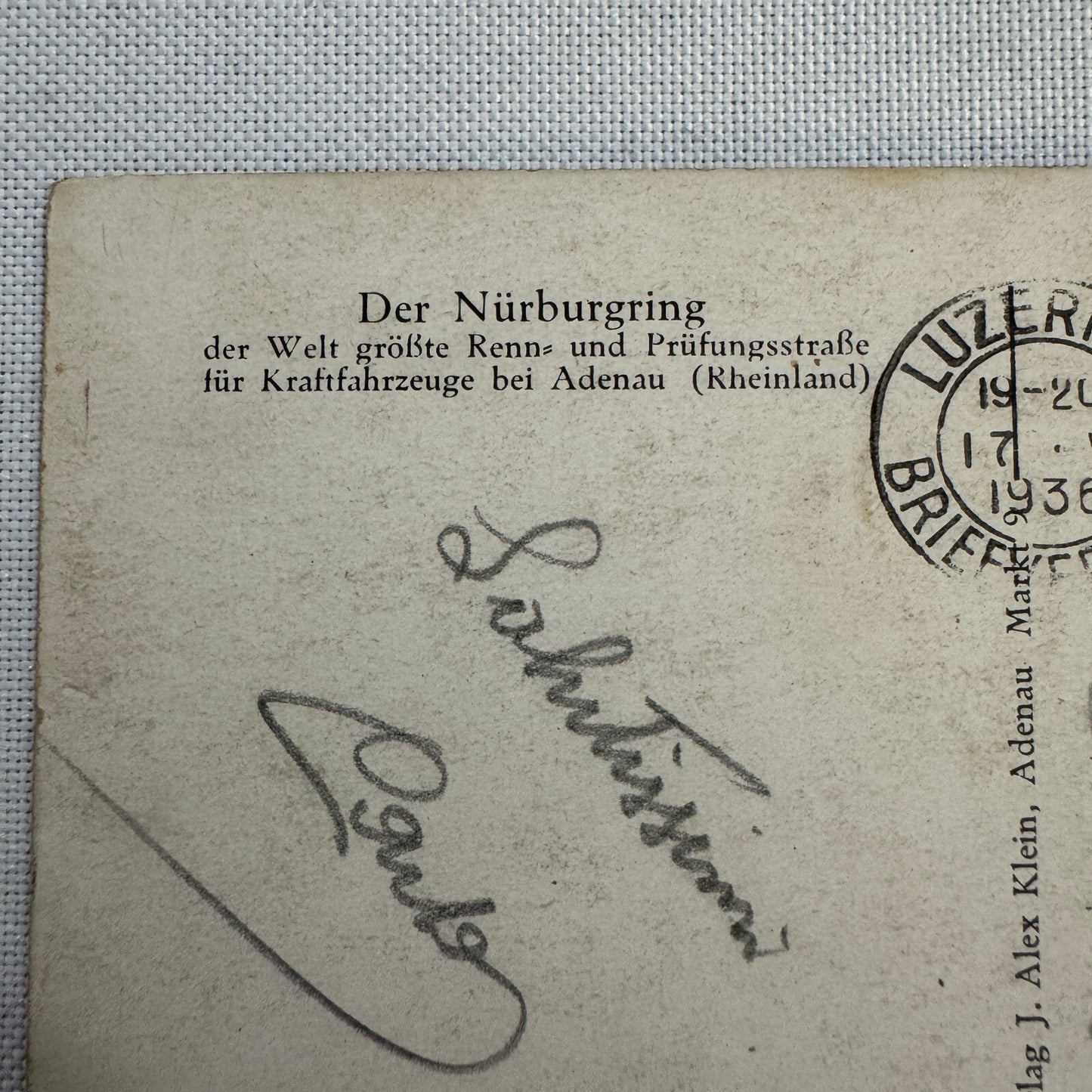 Vintage Nurburgring Racing Postcard Post Card 1936 Postmark Race Track Car