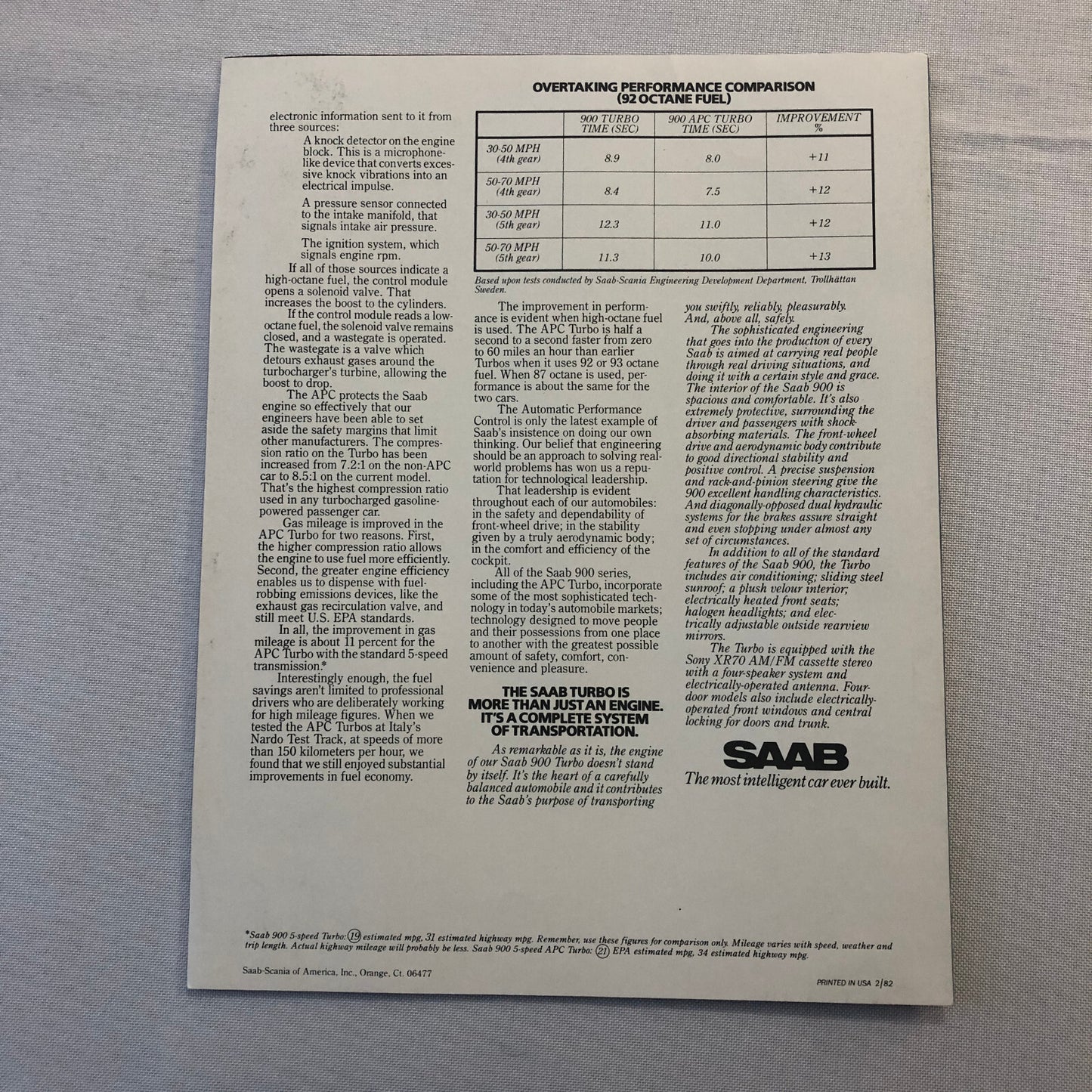 1982 Saab 900 Turbo Sales Brochure Catalog Advertising