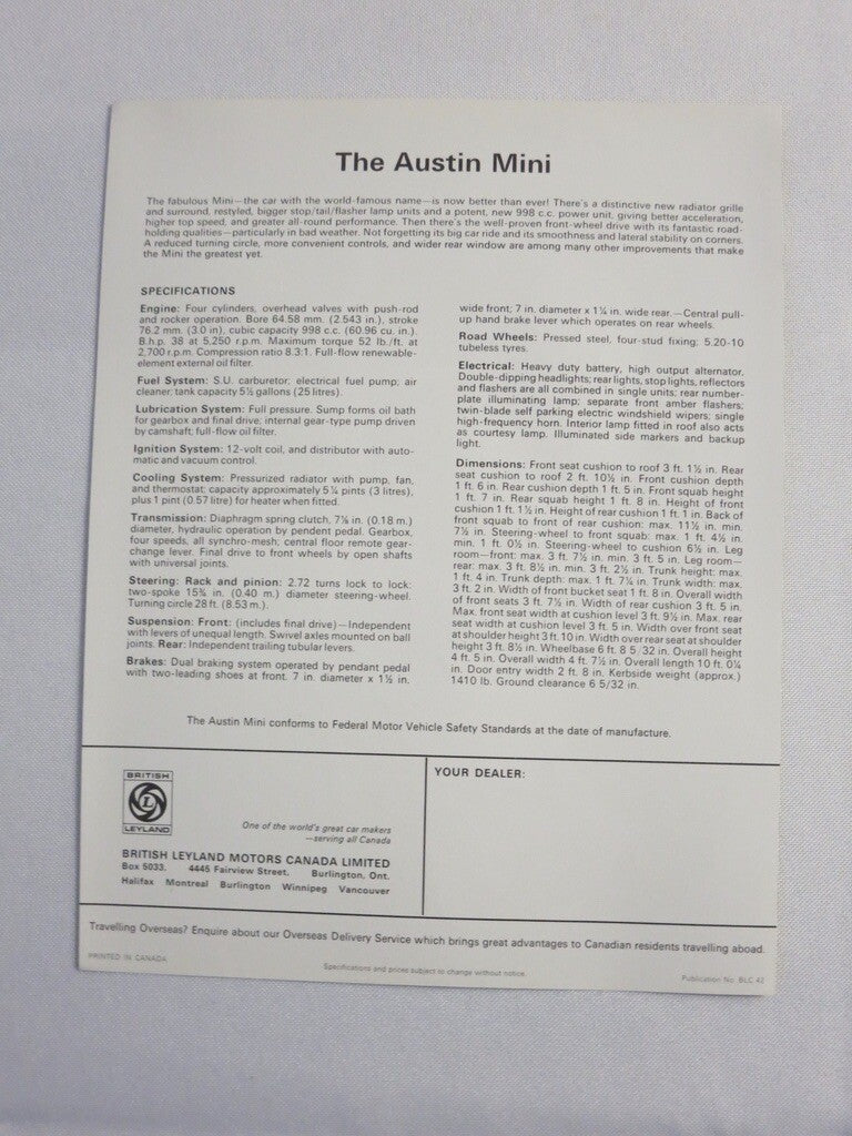 Vintage Austin Mini Sales Sheet Brochure Advertising