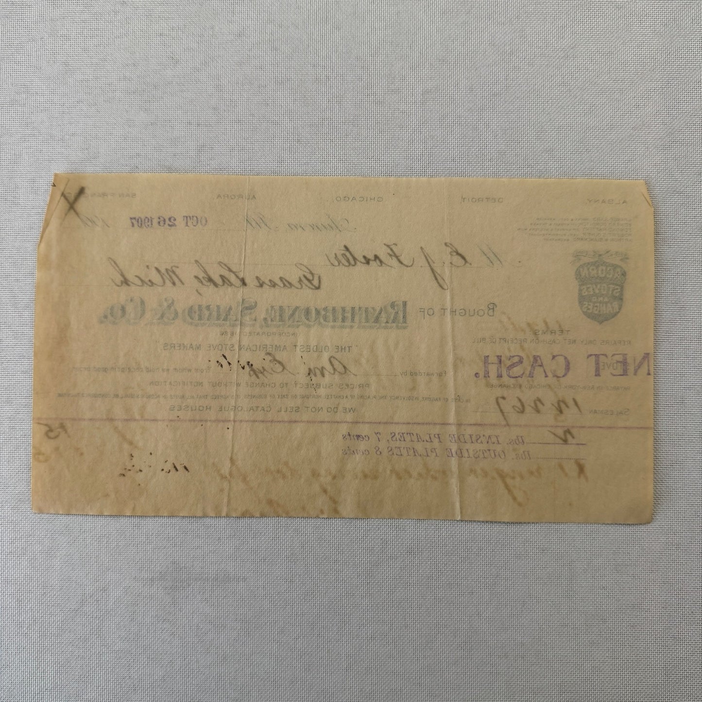 Rathbone Sard and Company Acorn Stoves and Ranges Receipt Invoice Document 1907