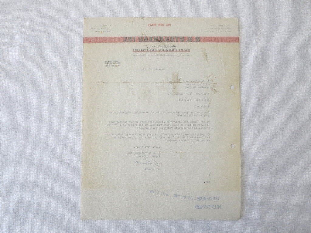 1945 RG Letourneau Inc Heavy Grading Equipment Letter Letterhead Document