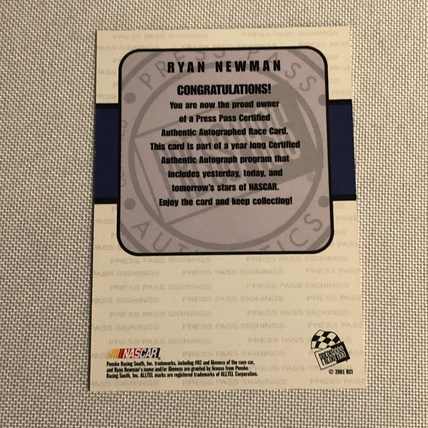 2001 2002 Press Pass Signings Ryan Newman Auto Signature Signed Card NASCAR