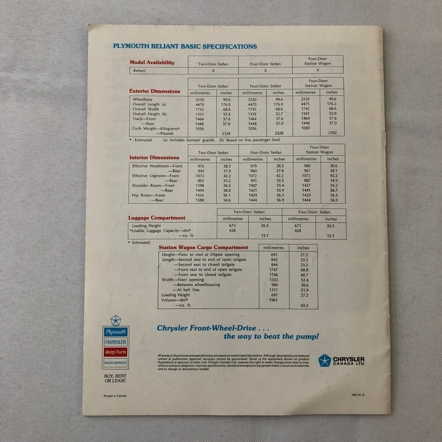 1981 Plymouth Reliant K Car Sales Brochure Catalog Coupe Sedan Station Wagon