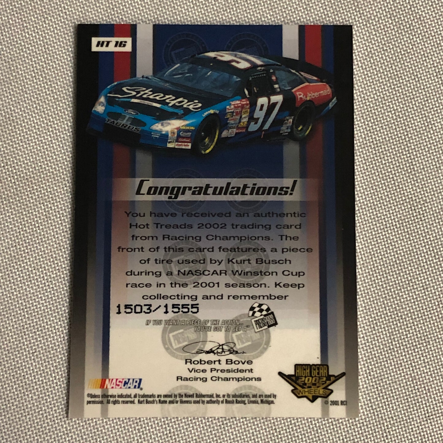 2002 Press Pass Hot Treads Tire Relic Card Kurt Busch NASCAR