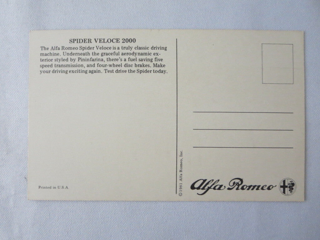 1981 1982 Alfa Romeo Spider Veloce 2000 Postcard Post Card