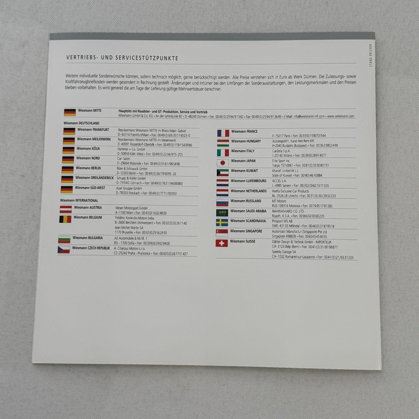 2009 Wiesmann Roadster MF5 Brochure Catalog Sports Car GERMAN Text