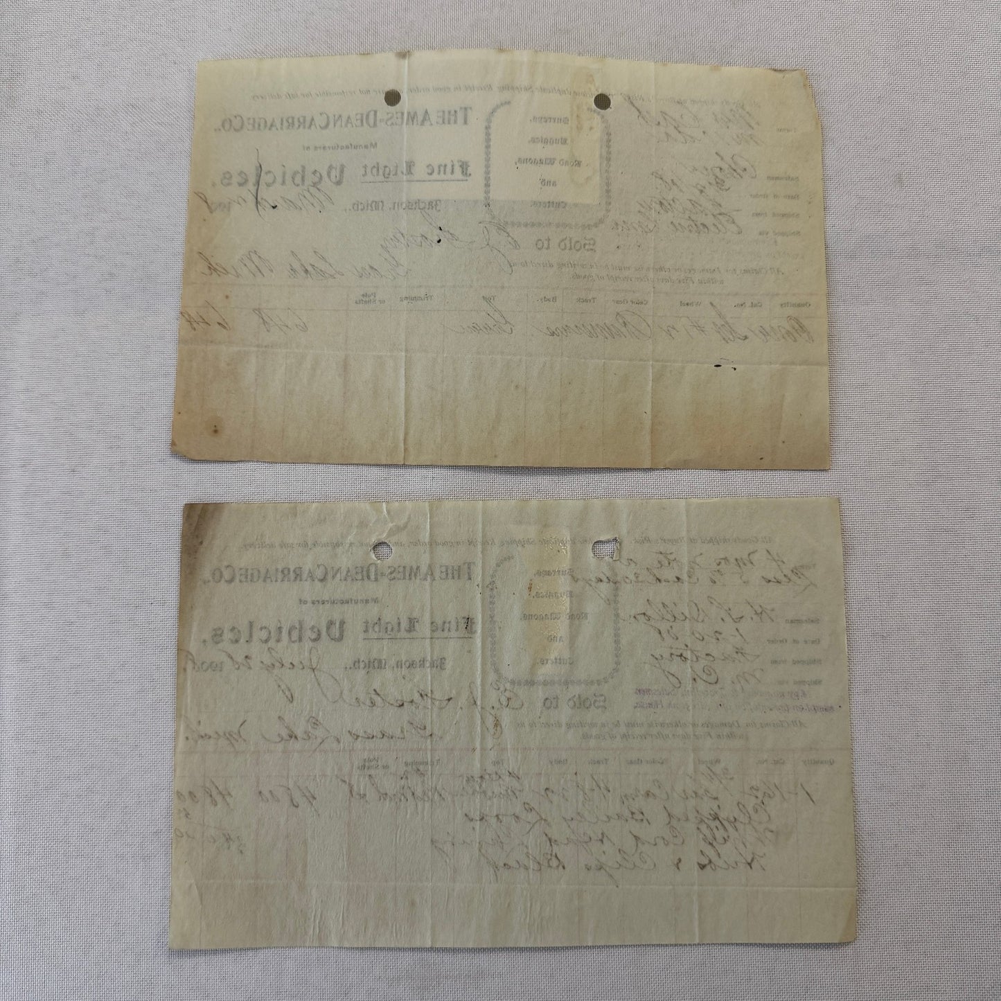 The Ames Dean Carriage Company Jackson Michigan 1908 Receipt Document Lot 2x