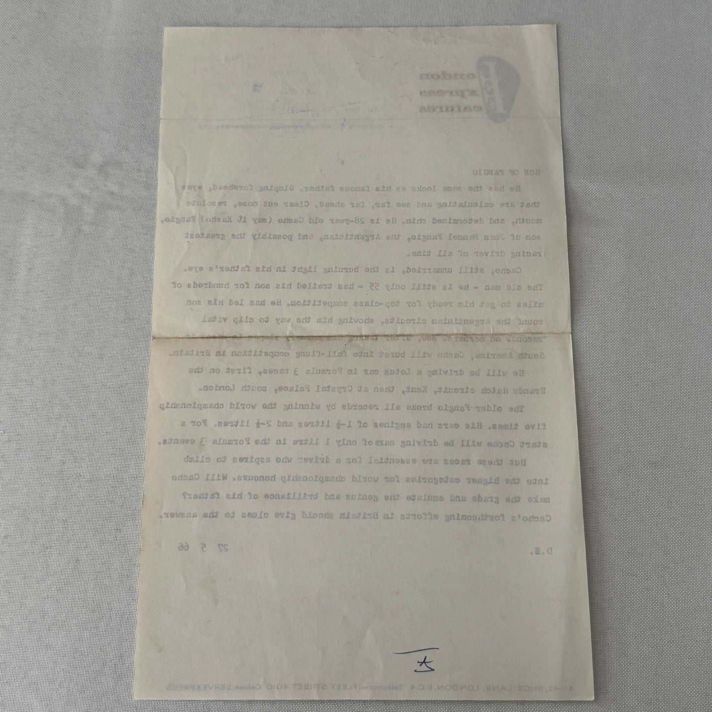Juan Manuel Fangio Son Cacho Press Release Document London Vintage