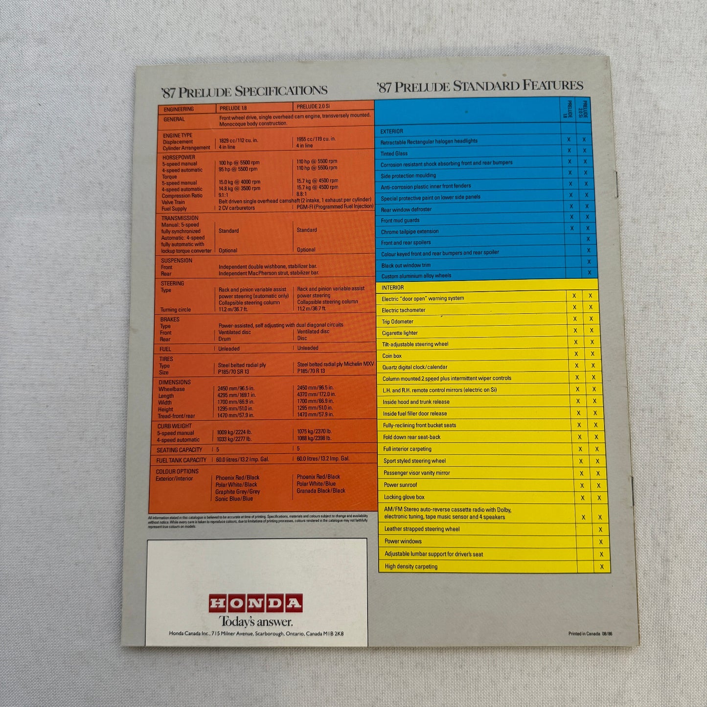 1987 Honda Prelude Car Sales Brochure Catalog Advertising