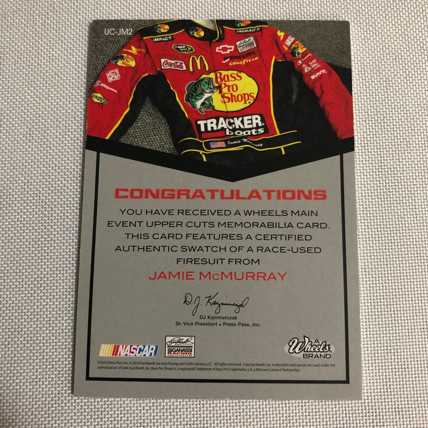 2010 Wheels Uppercuts Jamie McMurray Race Used Firesuit Relic Card /75 NASCAR