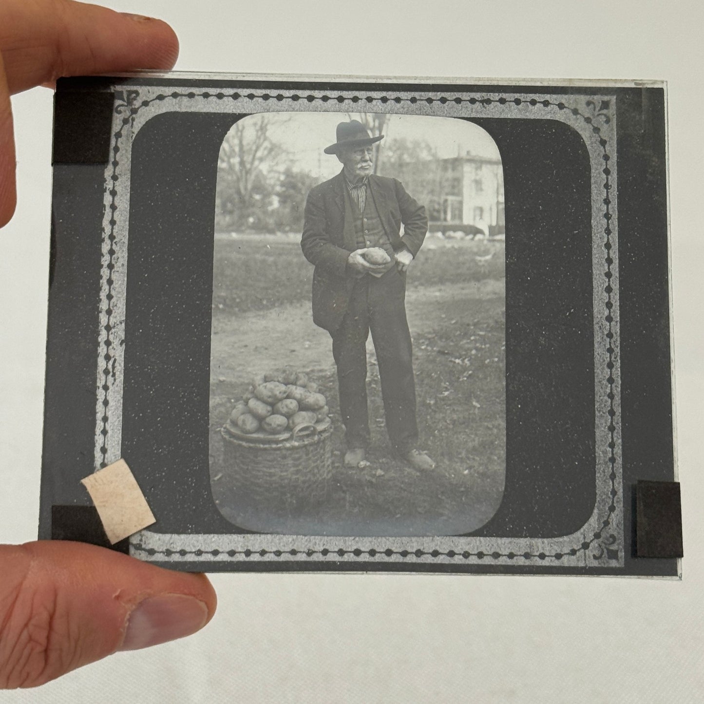 Antique Glass Plate Lantern Slide Photo Man with Potato Basket Farm