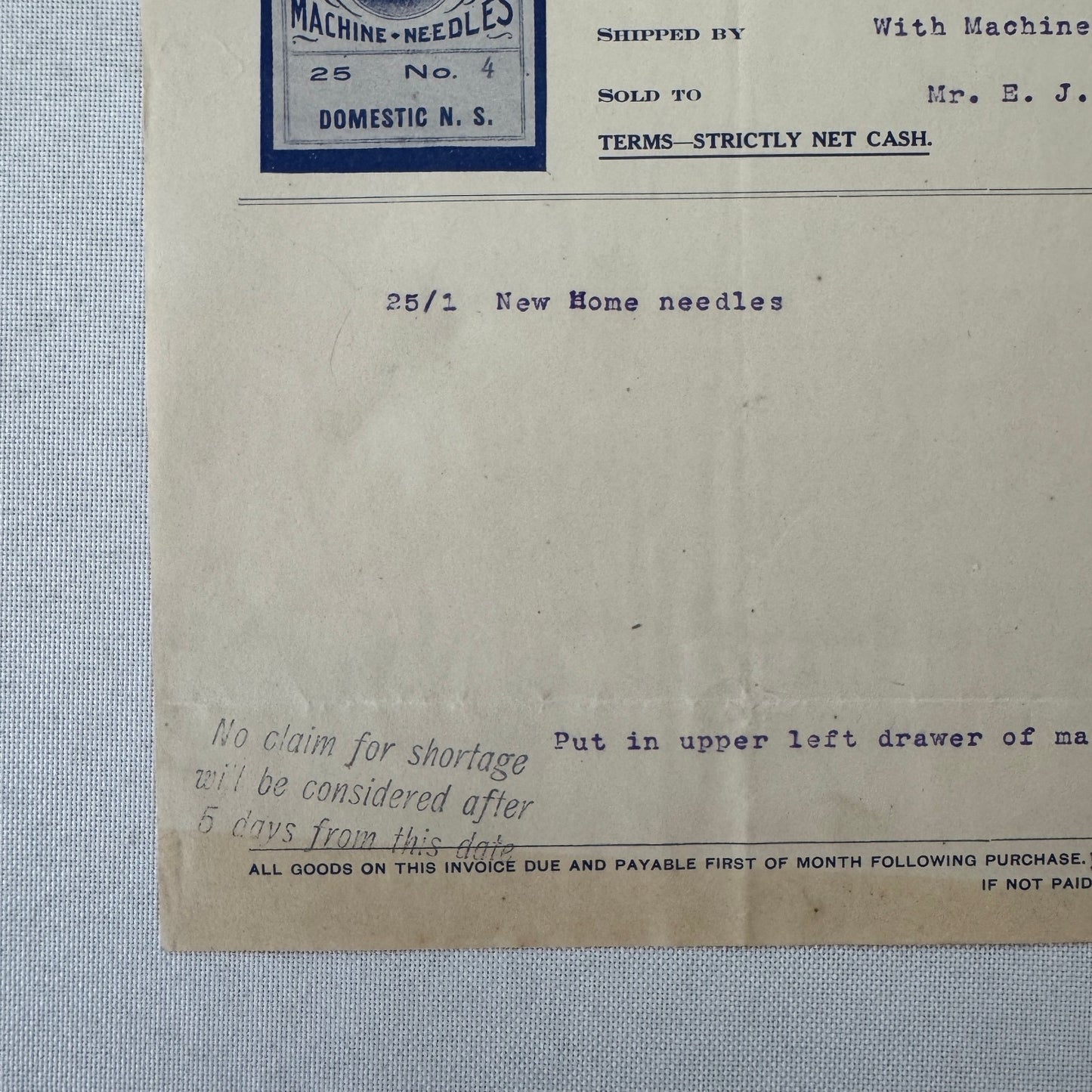 James M Richardson Company Receipt Invoice Document 1908 Sewing Machine Ohio