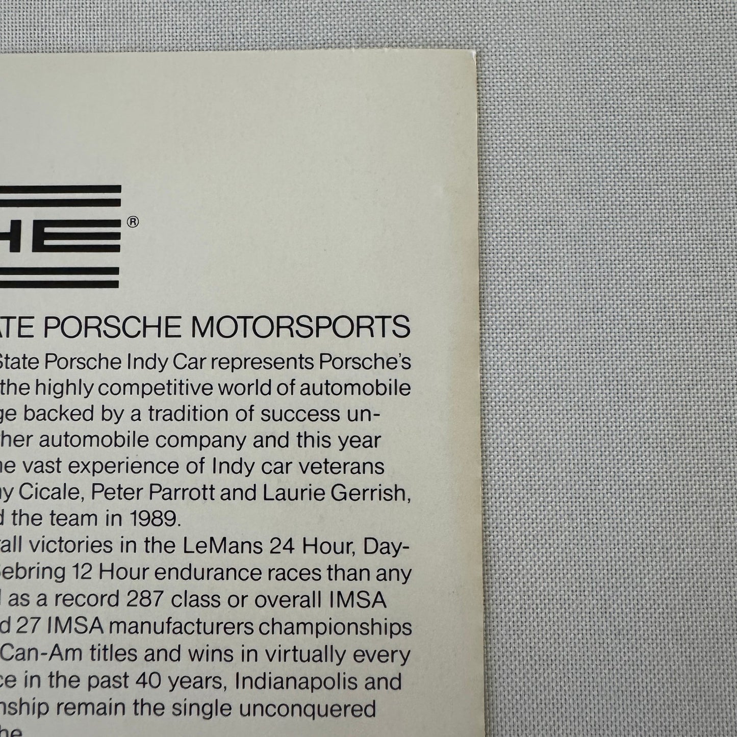 Vintage Porsche Quaker State Indy Racing Car Card Teo Fabi Driver