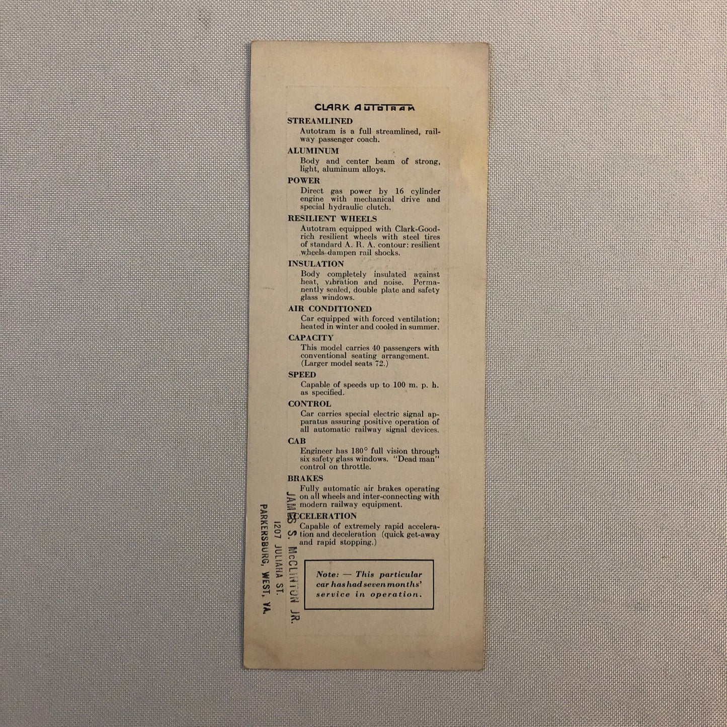 Vintage Clark Autotram Train Information Card