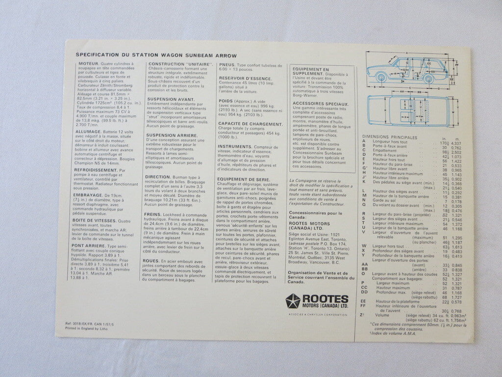 1960s Sunbeam Arrow Wagon Sales Brochure Catalog FRENCH Chrysler Rootes