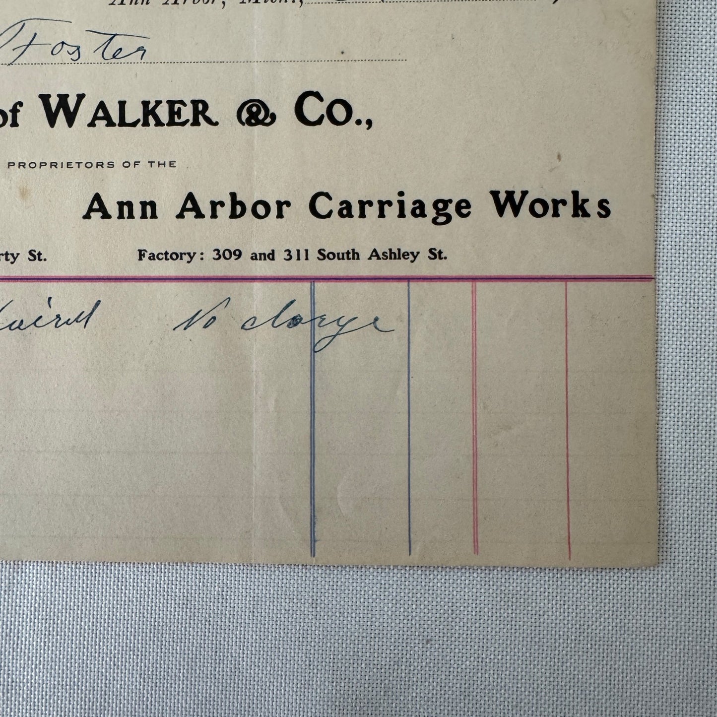 1907 Walker and Company Ann Arbor Carriage Works Receipt Letterhead Document