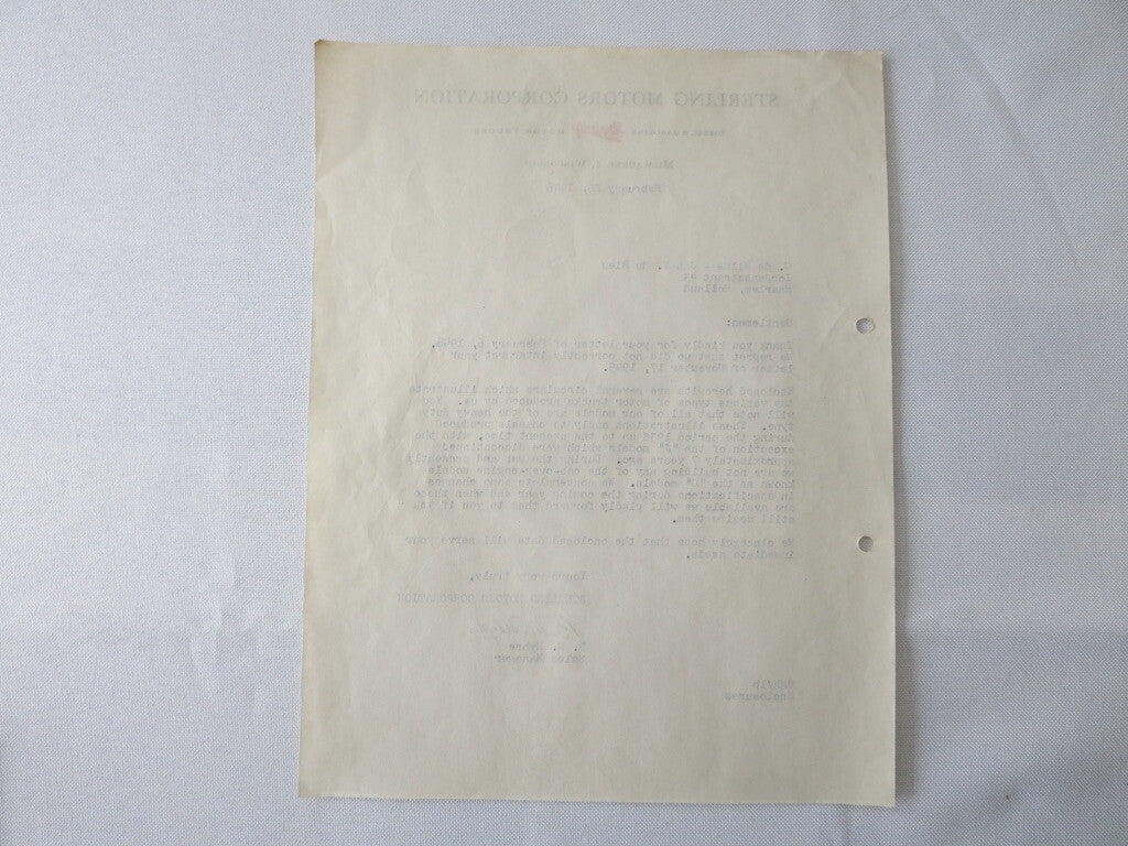 1946 Sterling Motor Truck Corporation Letter Letterhead Document