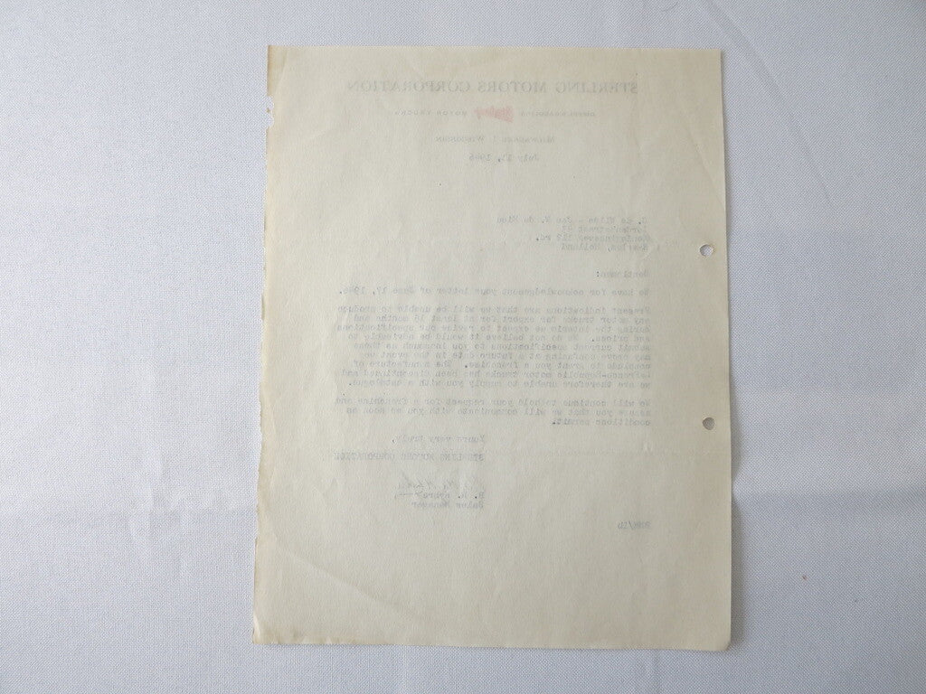1946 Sterling Motor Truck Corporation Letter Letterhead Document
