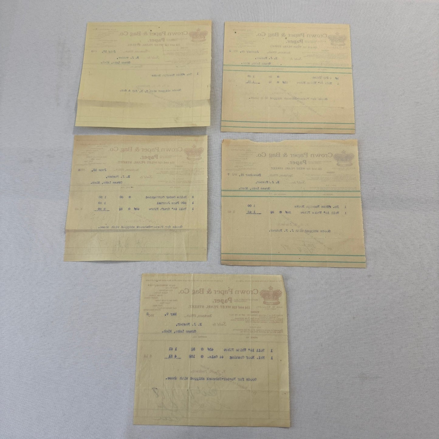 Crown Paper & Bag Company Jackson Michigan 1908 Receipt Invoice Document Lot 5x
