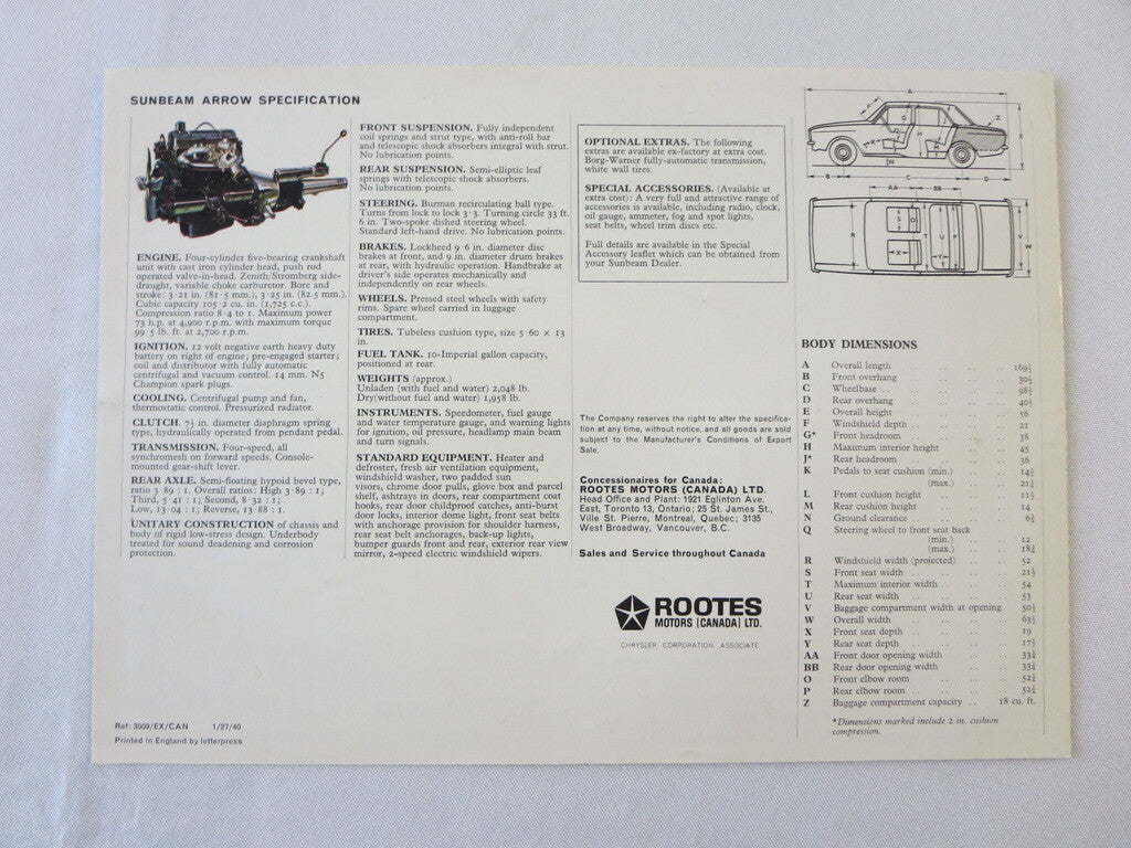 1960s Sunbeam Arrow Sales Brochure Advertising Rootes