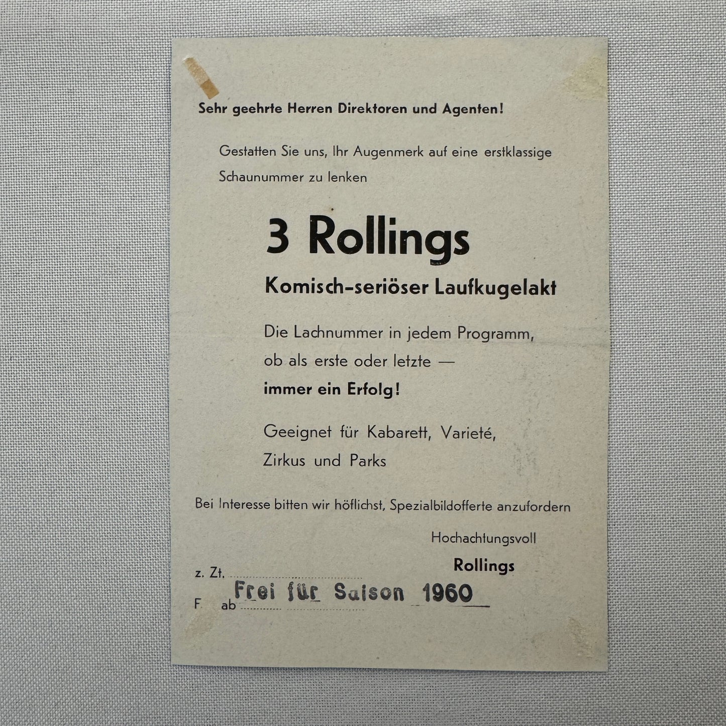 Circus Advertising Flyer Balancing Act 3 Rollings 1960 Vintage