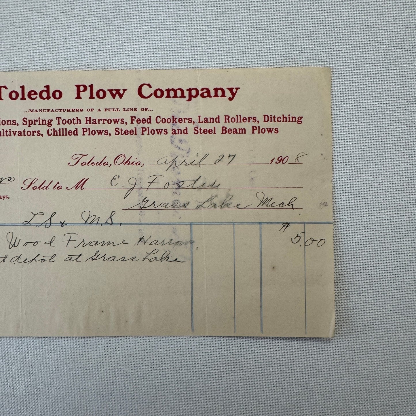 The Toledo Plow Company Invoice Receipt Document Lot 2x 1906 1908 Antique