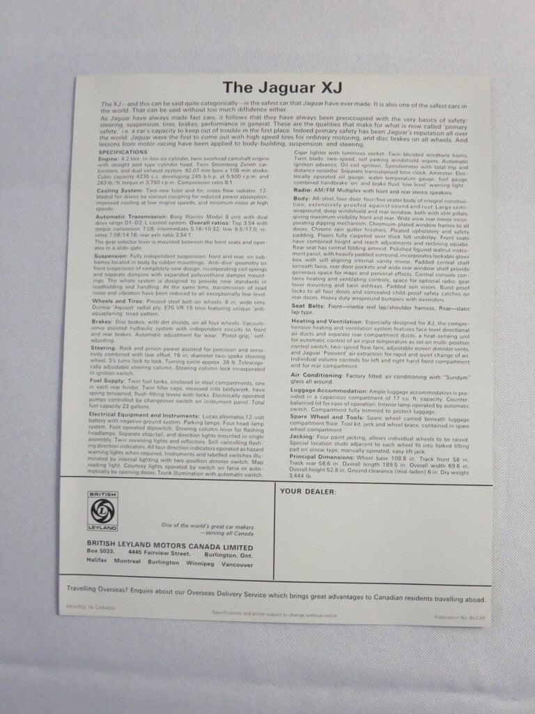 Vintage Jaguar XJ Sales Brochure Advertising