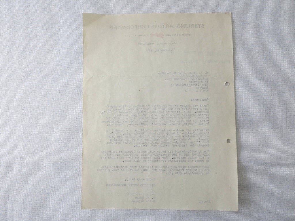 1945 Sterling Motor Truck Corporation Letter Letterhead Document