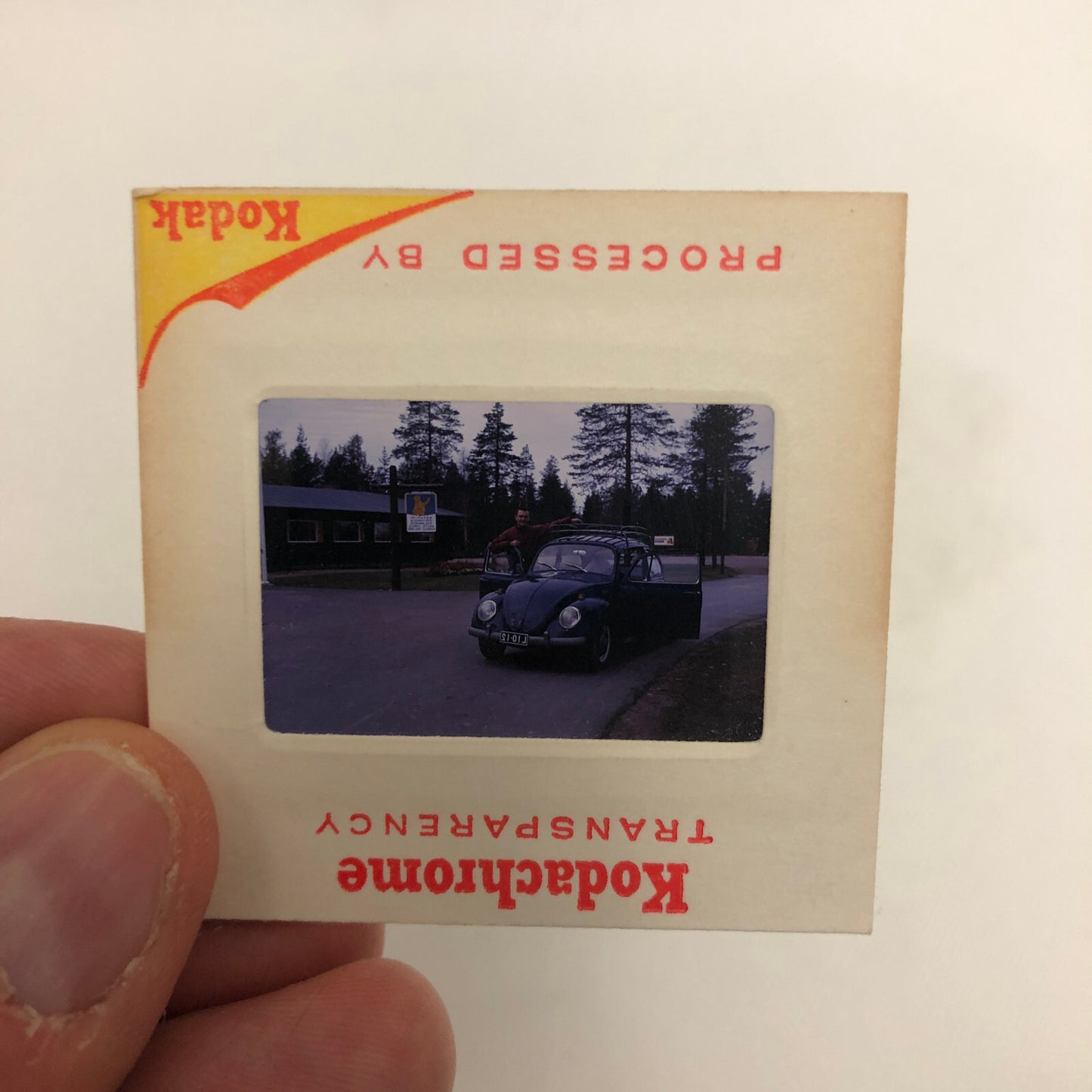 35MM Slide Photo Volkswagen VW Beetle Bug with Roof Rack Arctic O 1969