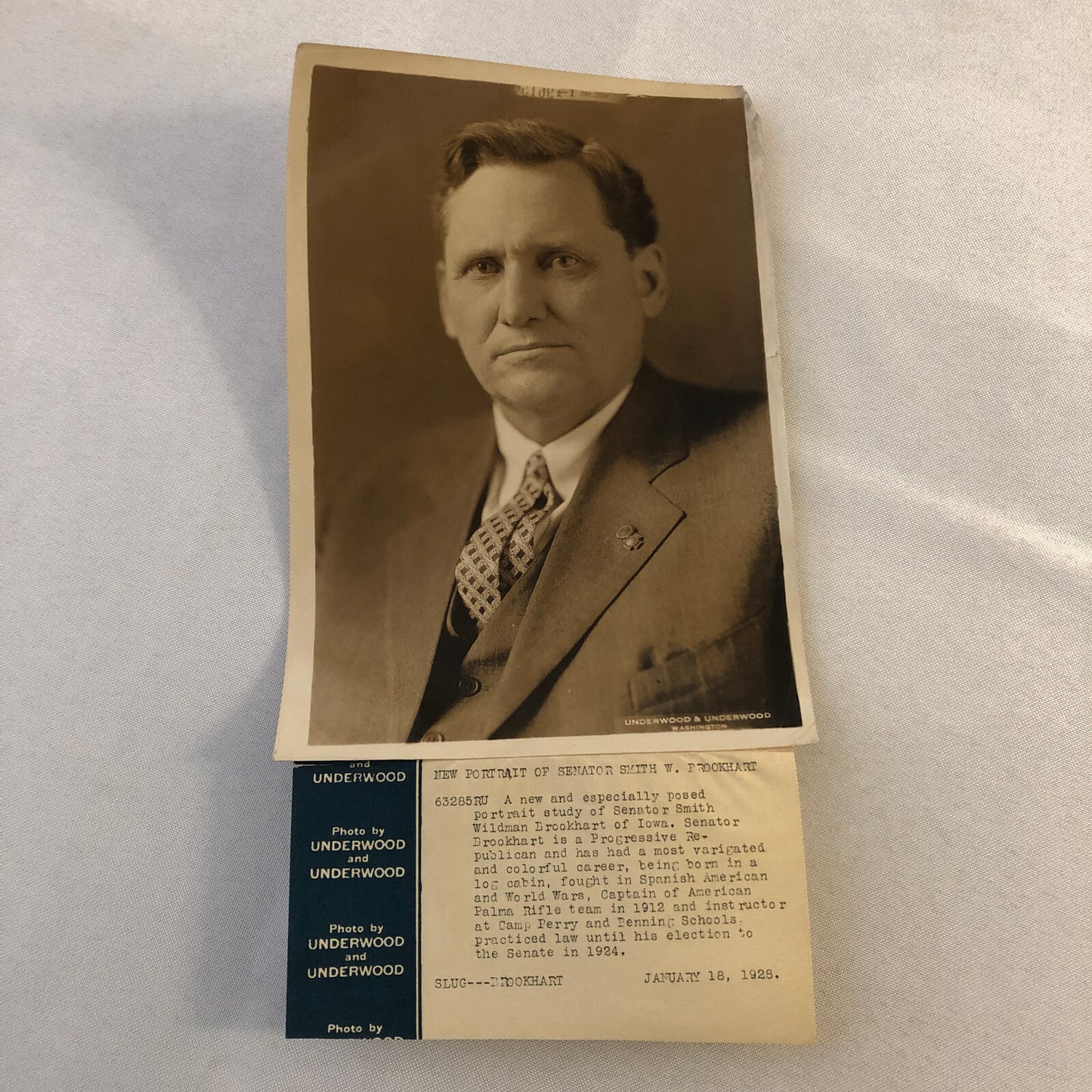 Press Photo Photograph Senator Smith Wildman Brookhart Iowa Republican 1928